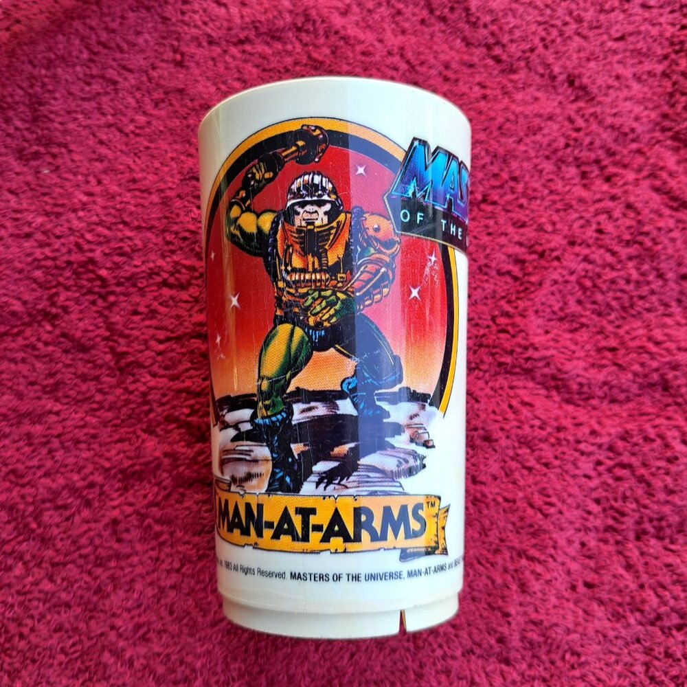 Vtg 1983 Mattel Masters of the Universe Man-at-Arms&Beast Man Plastic Deka Cup